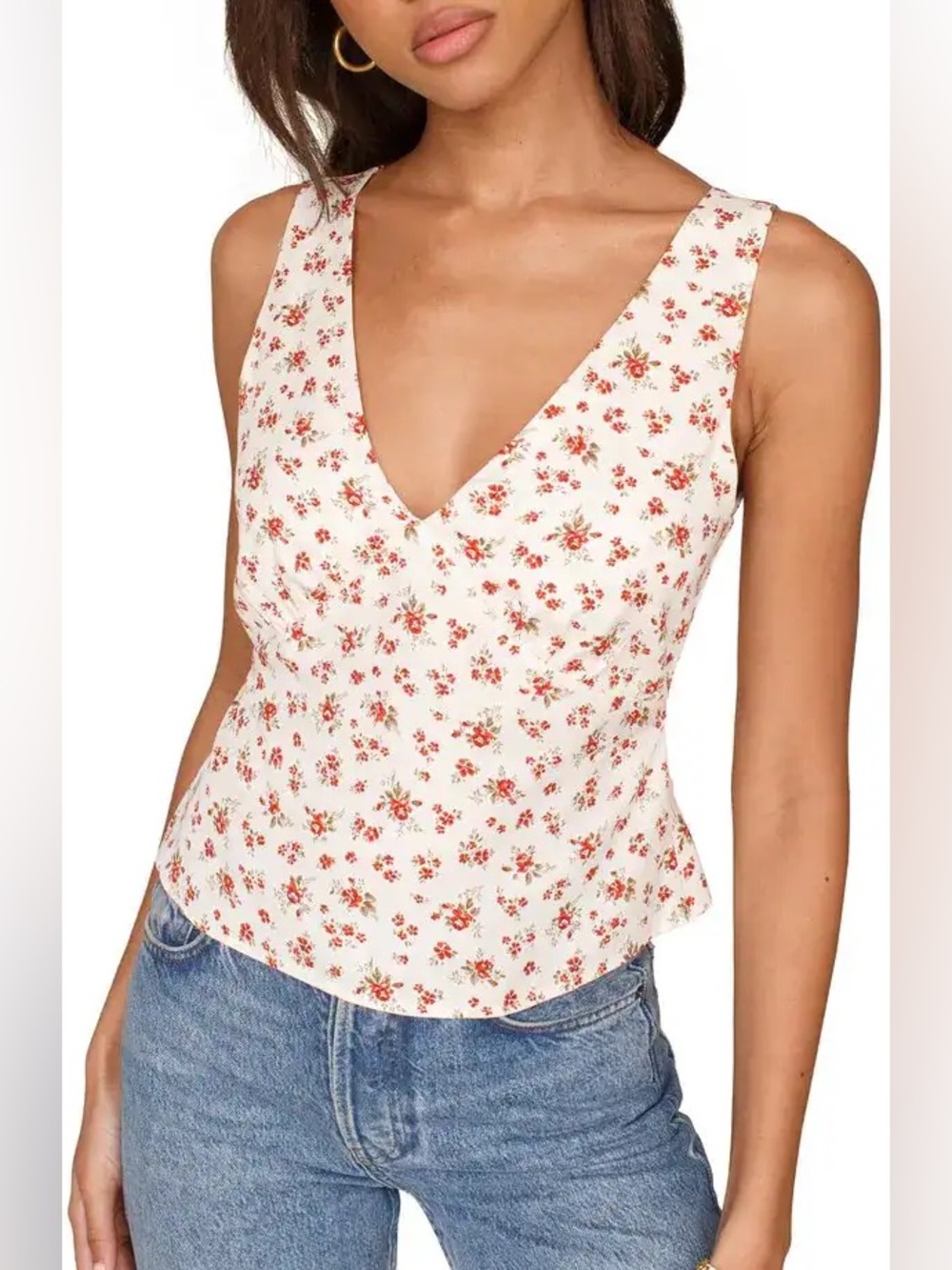 Reformation White Floral V-Neck Sleeveless Top
